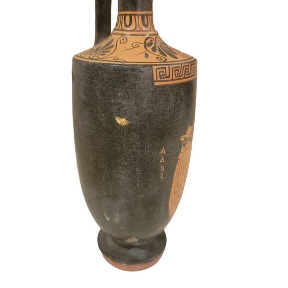 Greek Terracotta Vase Pottery Lekythos Red Figures Signed Gray Tan - Picture 6 of 9